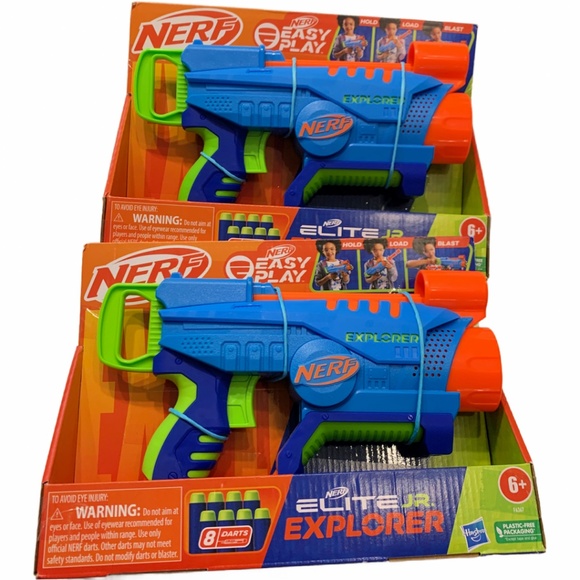 SOLD - 2x Hasbro Nerf Gun Easy Play Elite Jr Explorer Blaster with 8 Darts Toy - Picture 1 of 10